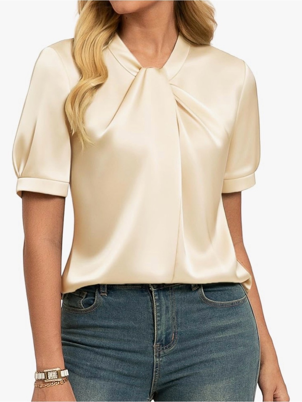 Grace Karin Cream Tie-Neck Short Sleeve Satin Blouse